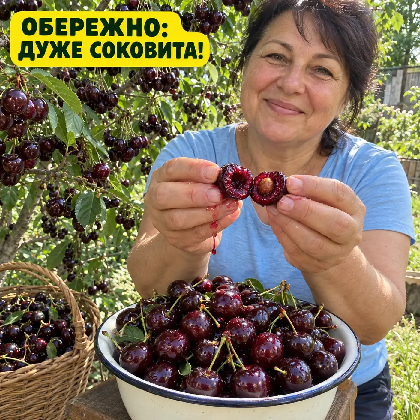 Усміхнена жінка показує розділену соковиту черешню біля дерева з рясним урожаєм; напис «Обережно: дуже соковита!»